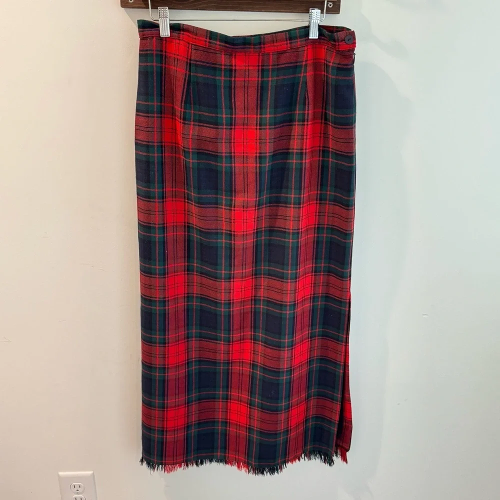 Vintage Rafella 100% Wool Tartan Plaid Fringe Trim Wrap Maxi Skirt Size‎ 12